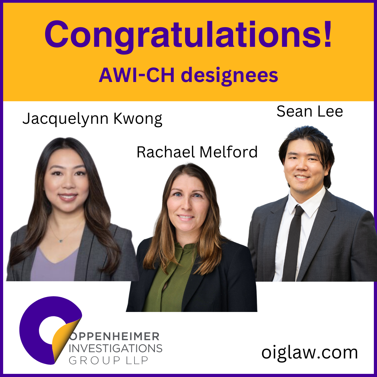 Congratulations Jacquelynn Kwong, Rachael Melford and Sean Lee on earning AWI-CH designation