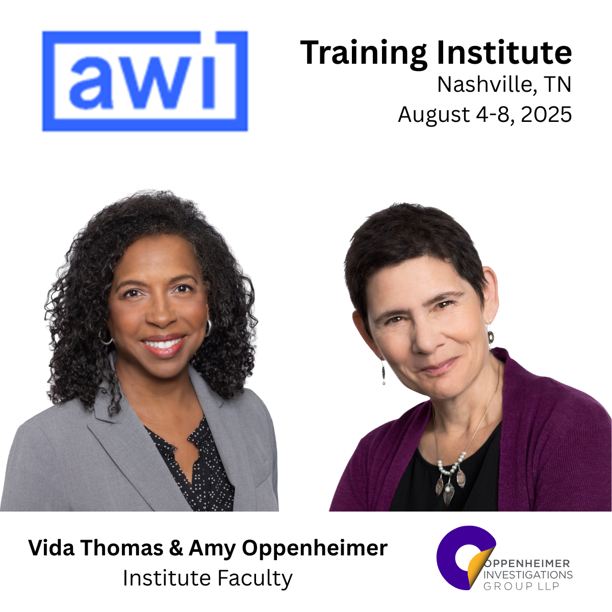 Vida Thomas and Amy Oppenheimer to join faculty of AWI Training Institute in Nashville, August 4-8, 2025